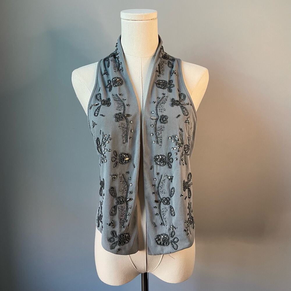 INC Floral Embellished Beaded Racerback Vest Size Medium In Gray Boho
